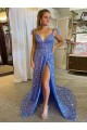 Discount A-Line V-Neck Sleeveless Long Court Train Velvet Sequin Prom Dress with High Slit UK