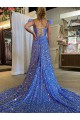 Discount A-Line V-Neck Sleeveless Long Court Train Velvet Sequin Prom Dress with High Slit UK