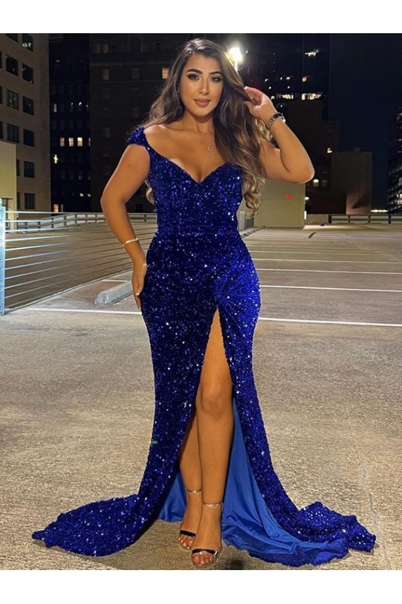 Discount V-Neck Sleeveless Long Sweep Train Velvet Sequin Prom Dress with Slit UK