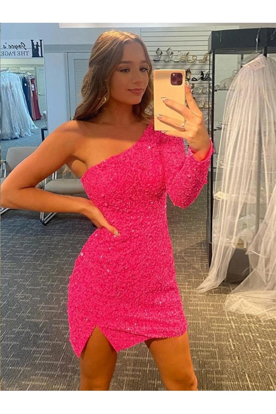 Discount Short Velvet Sequin One Shoulder Long Sleeves Homecoming Dress / Prom Dress UK