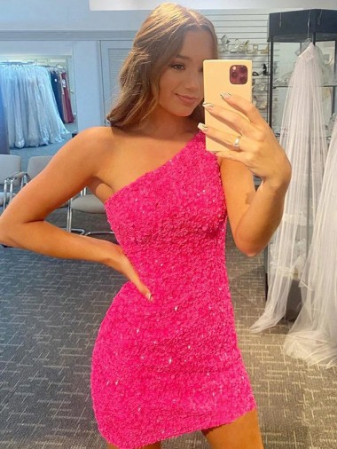 Discount Short One Shoulder Sleeveless Velvet Sequin Homecoming Dress / Prom Dress UK