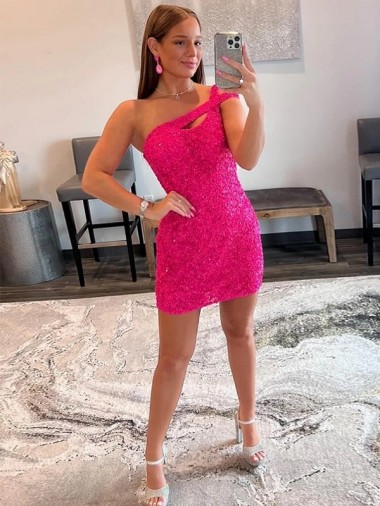 Discount Velvet Sequin One Shoulder Sleeveless Short Homecoming Dress / Prom Dress UK