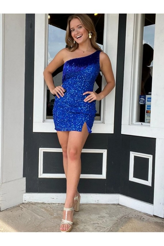 Discount One Shoulder Sleeveless Short Velvet Sequin Royal Blue Homecoming Dress / Prom Dress UK