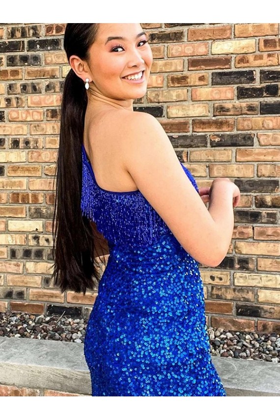 Discount One Shoulder Sleeveless Short Velvet Sequin Royal Blue Homecoming Dress / Prom Dress UK
