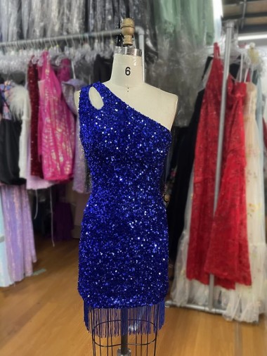 Discount One Shoulder Keyhole Sleeveless Short Velvet Sequin Homecoming Dress / Prom Dress UK