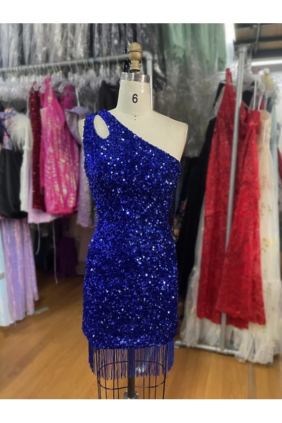 Discount One Shoulder Keyhole Sleeveless Short Velvet Sequin Homecoming Dress / Prom Dress UK