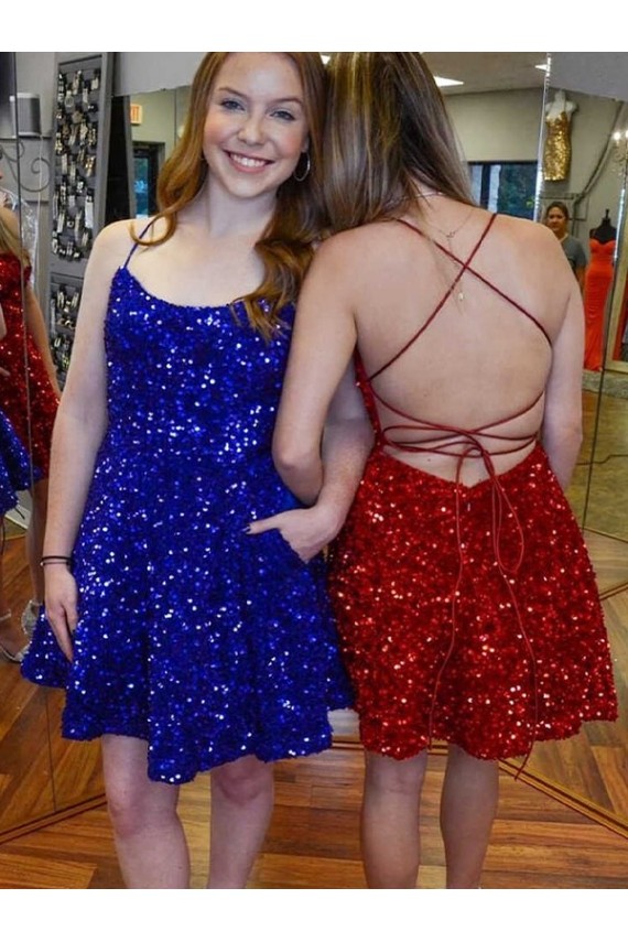 Discount A-Line Spaghetti Straps Sleeveless Short Velvet Sequin Homecoming Dress / Prom Dress UK