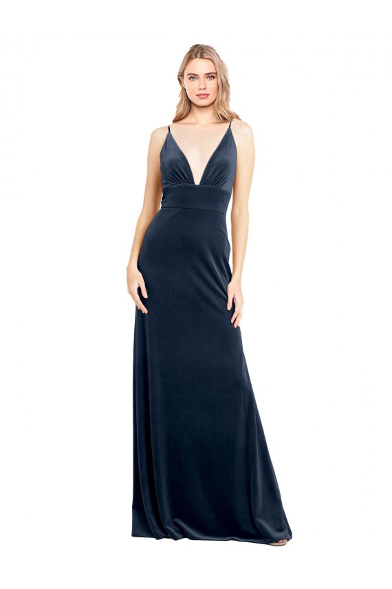Discount V-Back Long Velvet Bridesmaid Dress / Prom Dress with Notched V-Neck and Spaghetti Straps UK