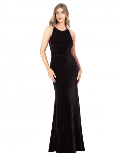 Discount Vintage Velvet High Neck Formal Bridesmaid Dress / Prom Dress with Strappy Back UK