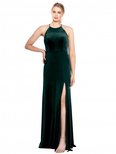 Discount Long Jewel Neck Full Length Velvet Bridesmaid Dress / Prom Dress with Side Slit UK