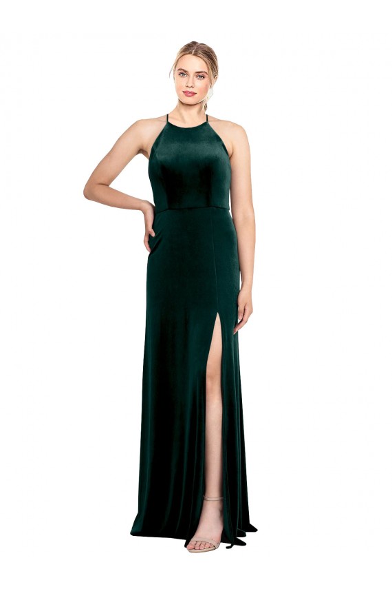 Discount Long Jewel Neck Full Length Velvet Bridesmaid Dress / Prom Dress with Side Slit UK