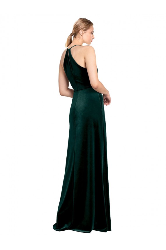 Discount Long Jewel Neck Full Length Velvet Bridesmaid Dress / Prom Dress with Side Slit UK