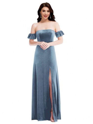 Discount Ruffle Sleeve Off the Shoulder Velvet Maxi Bridesmaid Dress / Prom Dress UK