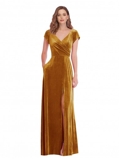 Discount Cap Sleeve Faux Wrap Formal Velvet Maxi Bridesmaid Dress / Prom Dress with Pockets UK