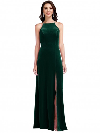 Discount Velvet Halter Maxi Bridesmaid Dress / Prom Dress with Front Slit UK