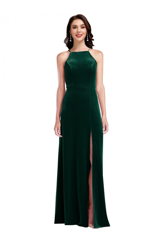 Discount Velvet Halter Maxi Bridesmaid Dress / Prom Dress with Front Slit UK