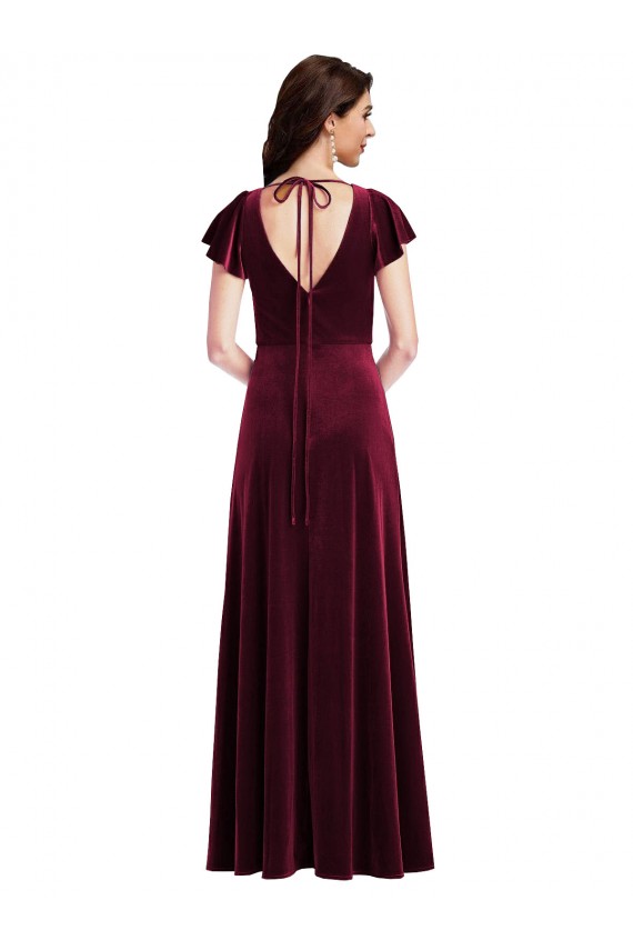 Discount Flutter Sleeve Velvet Maxi Bridesmaid Dress / Prom Dress with Pockets UK