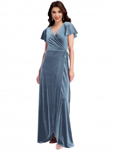 Discount Flutter Sleeve Velvet Wrap Maxi Bridesmaid Dress / Prom Dress with Pockets UK