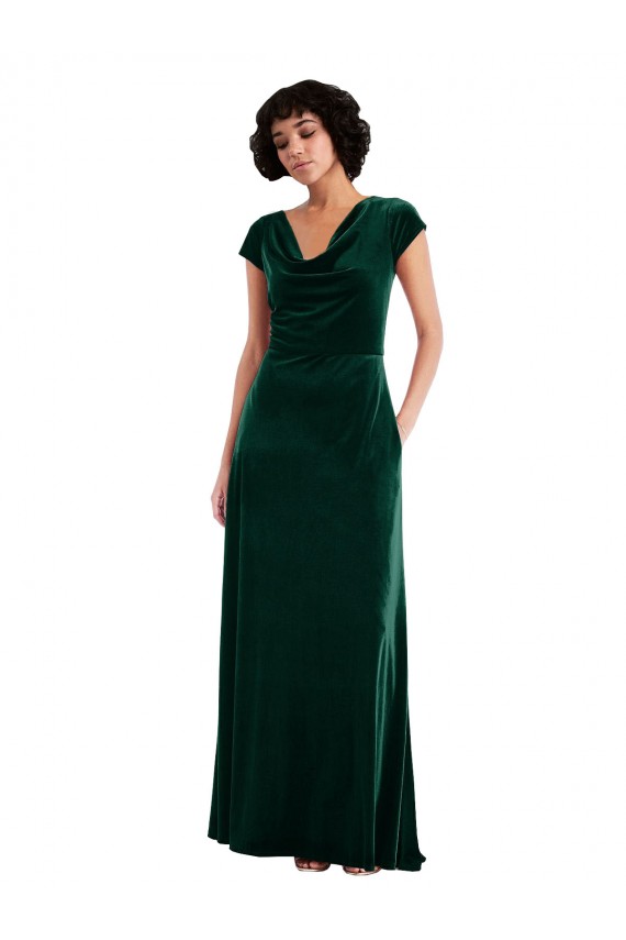 Discount Cowl Neck Cap Sleeve Velvet Maxi Bridesmaid Dress / Prom Dress with Pockets UK