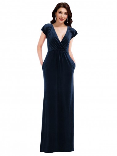 Discount Flutter Sleeve Wrap Bodice Formal Velvet Maxi Bridesmaid Dress / Prom Dress with Pockets UK