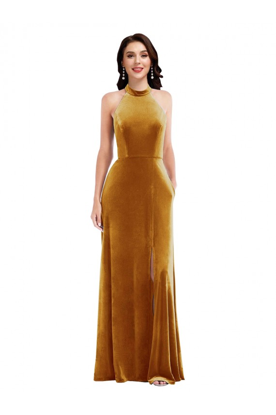 Discount High-Neck Halter Velvet Maxi Bridesmaid Dress / Prom Dress with Front Slit UK