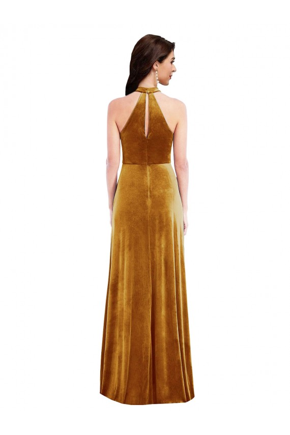 Discount High-Neck Halter Velvet Maxi Bridesmaid Dress / Prom Dress with Front Slit UK