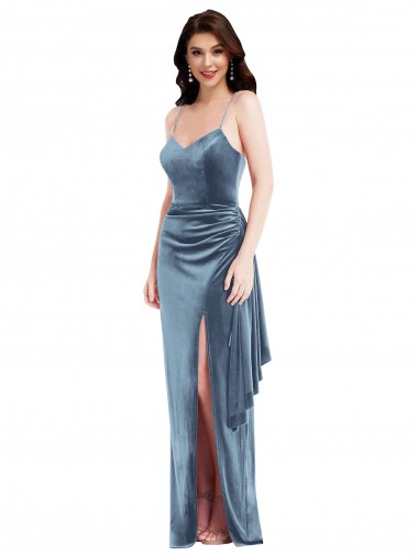 Discount Spaghetti Strap Formal Velvet Maxi Bridesmaid Dress / Prom Dress with Draped Skirt UK