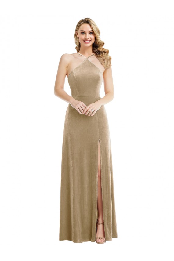 Discount High Neck Halter Open Back Long Velvet Maxi Bridesmaid Dress / Prom Dress UK