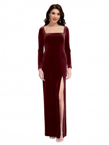 Discount Sleek Square Neck Spaghetti Straps Velvet Bridesmaid Dress / Prom Dress with Side Slit UK