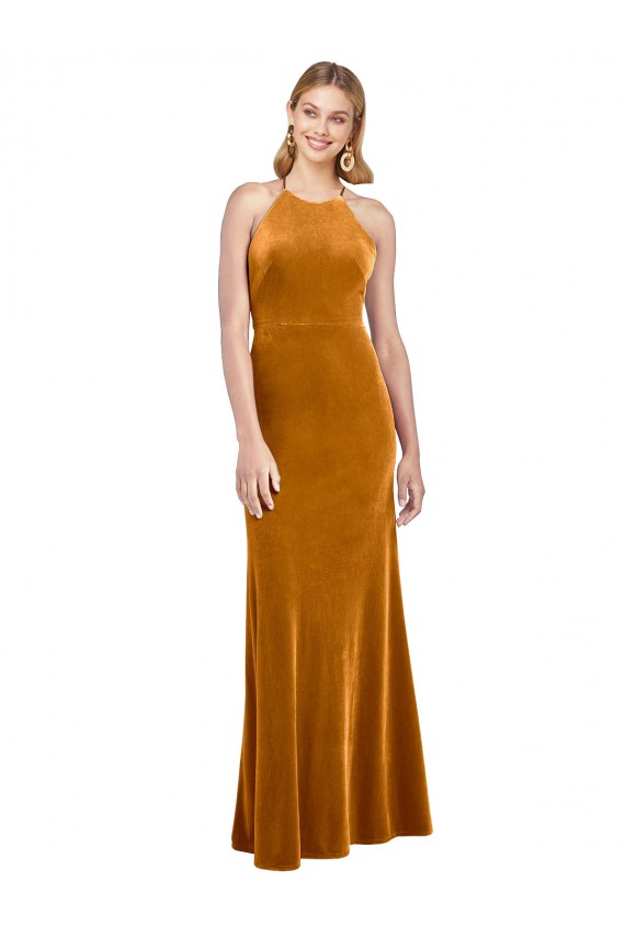 Discount Halter Neckline Long Full Length Formal Velvet Bridesmaid Dress / Prom Dress with Strappy Back UK
