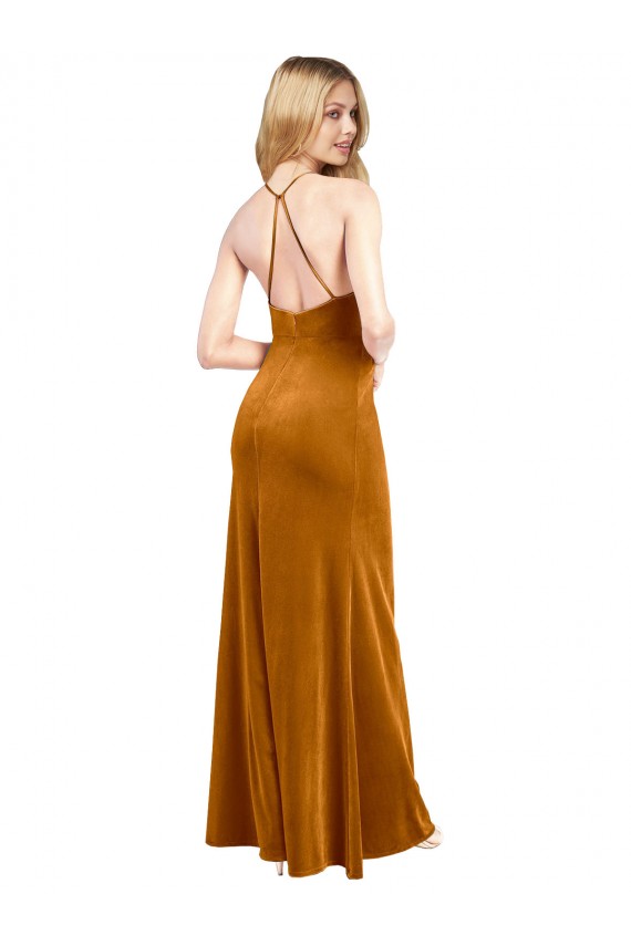 Discount Halter Neckline Long Full Length Formal Velvet Bridesmaid Dress / Prom Dress with Strappy Back UK