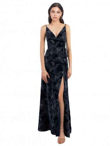 Discount Floral Velvet Surplice V-Neck Long Bridesmaid Dress with V-Back UK