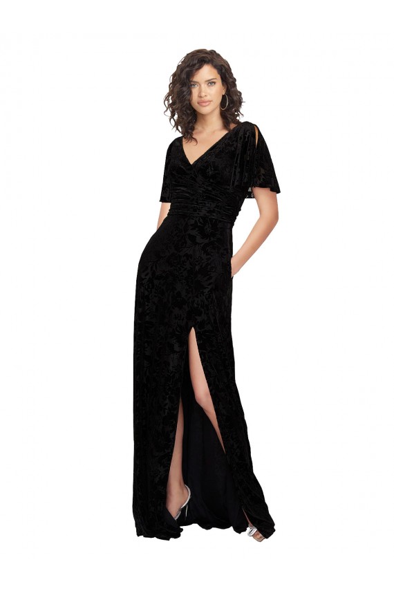 Discount Split Sleeves V-Neck Floral Velvet Bridesmaid Dress with Front Slit UK