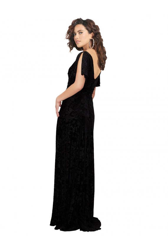 Discount Split Sleeves V-Neck Floral Velvet Bridesmaid Dress with Front Slit UK