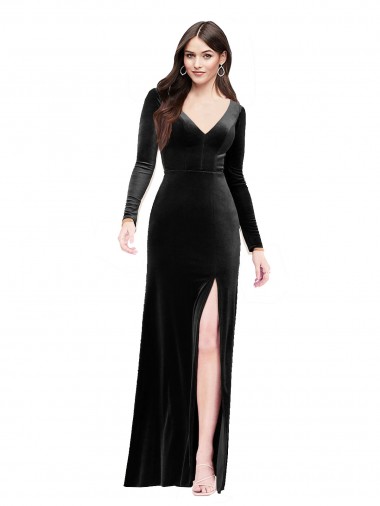 Discount Long Sleeves Formal Velvet Bridesmaid Dress / Prom Dress with V-Neckline and Thigh Slit UK