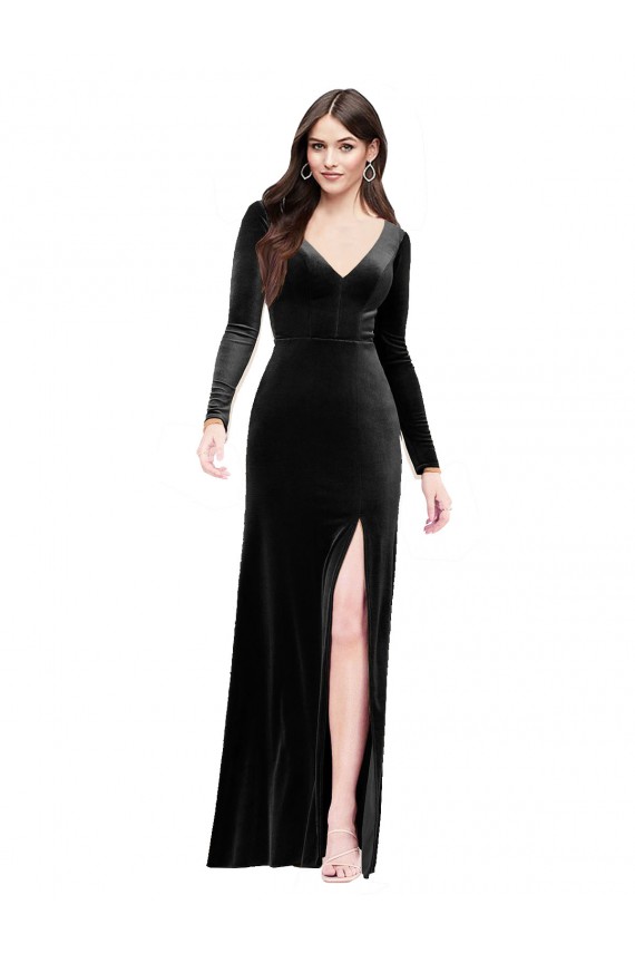 Discount Long Sleeves Formal Velvet Bridesmaid Dress / Prom Dress with V-Neckline and Thigh Slit UK