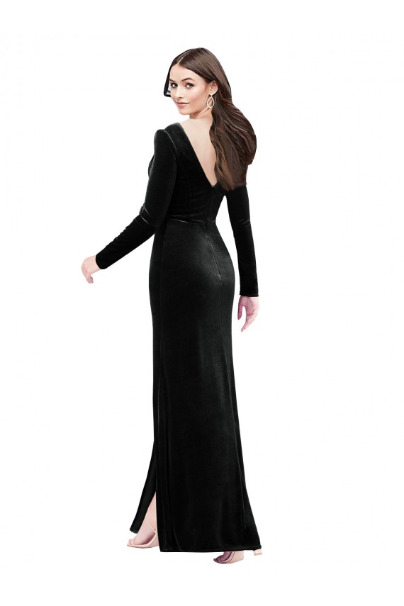 Discount Long Sleeves Formal Velvet Bridesmaid Dress / Prom Dress with V-Neckline and Thigh Slit UK