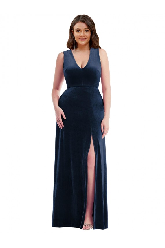 Discount Deep V-Neck Sleeveless Formal Velvet Maxi Bridesmaid Dress / Prom Dress with Pockets UK
