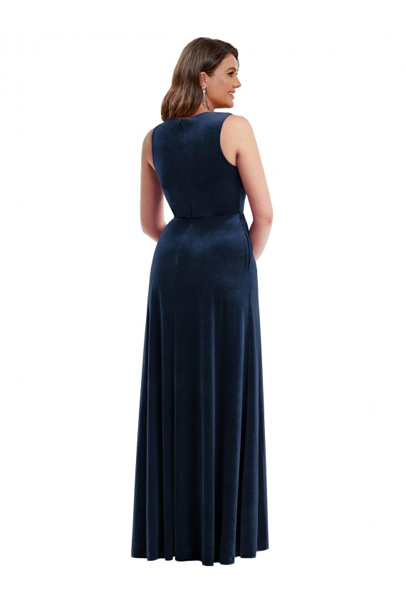 Discount Deep V-Neck Sleeveless Formal Velvet Maxi Bridesmaid Dress / Prom Dress with Pockets UK