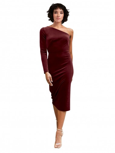 Discount One Shoulder Fitted Short Midi Length Velvet Bridesmaid Dress / Prom Dress UK