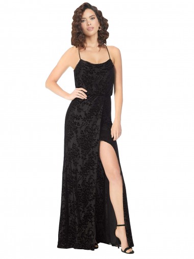Discount Floral Velvet Cowl Neck Bridesmaid Dress with Skirt Slit UK
