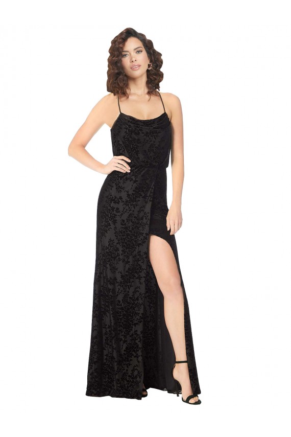 Discount Floral Velvet Cowl Neck Bridesmaid Dress with Skirt Slit UK