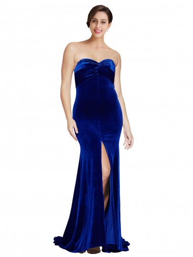 Discount Strapless Ruched Formal Velvet Bridesmaid Dress / Prom Dress with Sweep Train and Front Slit UK
