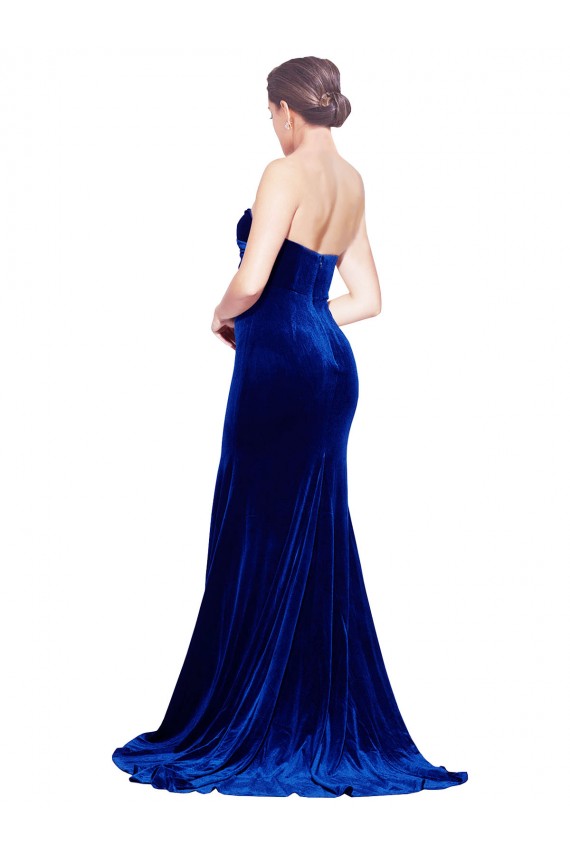 Discount Strapless Ruched Formal Velvet Bridesmaid Dress / Prom Dress with Sweep Train and Front Slit UK