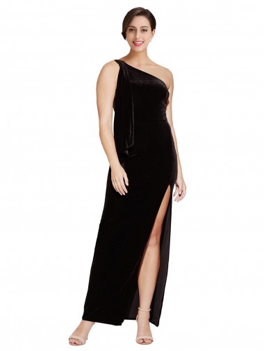 Discount One Shoulder Long Formal Velvet Bridesmaid Dress / Prom Dress with Side Split and Shoulder Tie UK