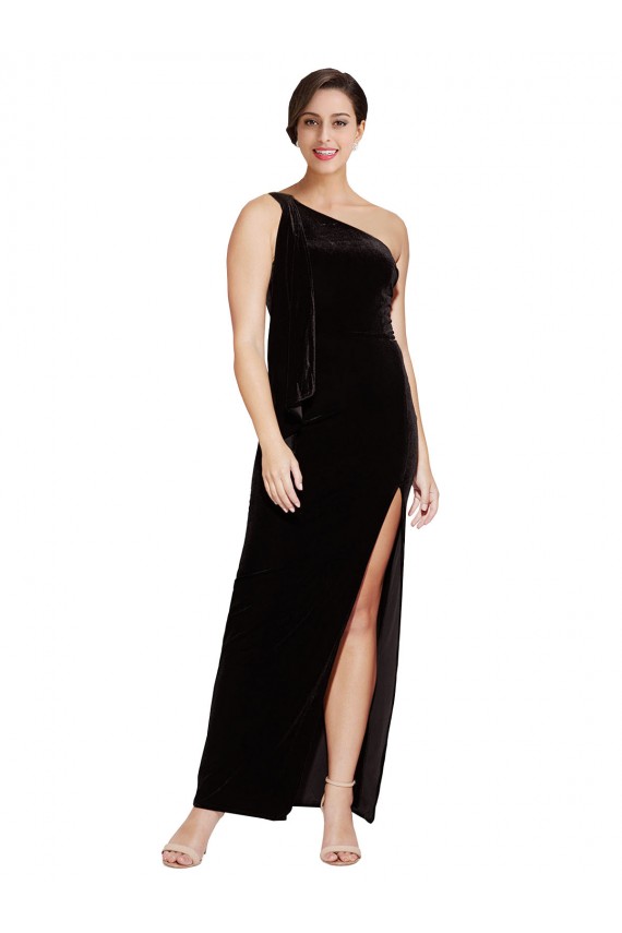 Discount One Shoulder Long Formal Velvet Bridesmaid Dress / Prom Dress with Side Split and Shoulder Tie UK
